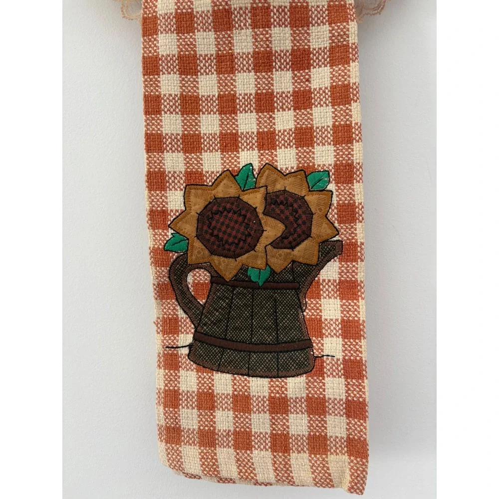Handmade Sunflower Gingham Kitchen Towel Holder Set Orange Lace Trim Farmhouse
